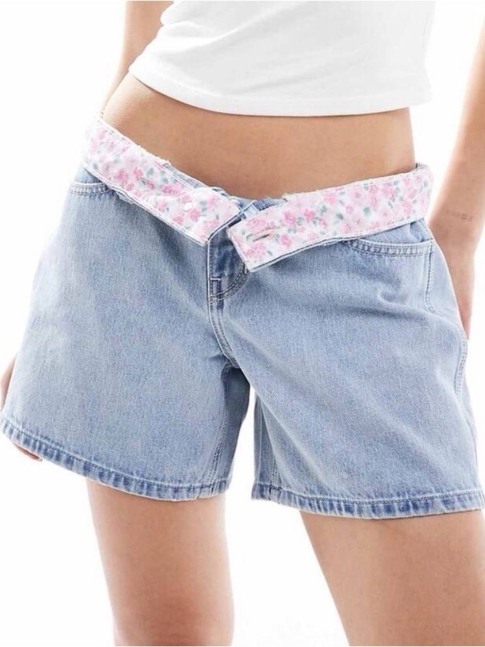 Hollister Women's Light Blue Denim Shorts with Foldover Floral Waistband